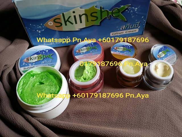 Skinshe Giftset Cream ( Shinete original ) Help reduce wrinkles freckles and dark spots faded. Anti oxidant with natural extracts. Fine white skin smooth and clear. Products you use, you will see the change. Within 15 days of the face. PRICE: 1 SET RM90 WEST MALAYSIA, RM95 EAST MALAYSIA..FREE POSTAGE WHATSAPP ORDER +60179187696 #skinshe #skinshegiftcream Skinshe Gift Set Cream in 1 set contains : 1. Skinshe Cleansing Foam ( White Cartridge, green meat ) Use clean face purely, no oil on the face and not dry skin. No. FDA 10-1-5754262 Ingredients : DI Water, Stearic Acid, Propylene glycol, Hostapon CT Paste, ODN, TEA, KD,Comperian 100 C, Myristic Acid, Amino coat, Bozeat 400, Cucumber Extract , Vitamin E, Vitamin B 3 Size: 40 g 2. Skinshe Day Cream ( Silver Cartridge ) Add moisture to the skin with a combination of natural energy collagen tripeptide. It is a collagen peptide extracted from deep sea fishing, is oil from the whales, seaweed deep. No. FDA 10-1-5800076 Ingredients : DI Water, AP Wax 80, OMC, Micronized, zinc oxide, DC345, Tianium dioxide nanosil, Hostaphat KL340D, Propylene glycol, Oligo GGF, Carrot Extract, Jojoba Leaf Extract, AVC, Paratexin FPX, Vitamin E, Glydant plus Size: 5 g 3. Skinshe Night Cream ( Gold Cartridge ) Sunscreen primer mix not sticky light cream. Make white face smooth and clear. Don't worry that face will have it because the ingredients of the cream has excellent quality. No. FDA 10-1-5800077 Ingredients : DI Water, AP Wax 80, Aminocoat, AVC, Propylene glycol, Oligo GGF, DC 345, Glycerine, Hostacphat KL 340D, Macadamia Oil, Glydant plus, Radish Extract, Arbutin, Kojic Acid , Vitamin B3, VitaminE, Mulberry Bark Extract , Allantion Size : 5 g 4. Skinshe Intensive Moisturizer Cream ( Pink Cartridge ) Help your skin hydrated throughout the night. Restore condition ready to welcome a new day, light cream not sticky. Comprising pueraria help tightening skin face taut. Beta glucan helps smooth skin. collagen helps strengthen the skin structure. vitamin helps the face radiant, mango extract helps keep skin youthful. No. FDA 10-1-5800080 Ingredients : DI Water, AP Wax 80, Aminocoat, GGF, Propylene glycol, DC 344, Propylene glycol, Hostacerin SAF, Macadamia Oil, Evening Primerose Oil, Tumeric Extract, Jojoba Leaf Extract, Lavender Extract, Allantion, Vitamin E Size : 10 g How to use Skinshe Giftset Cream in 1 day : In the morning. 1. Cleansing with Skinshe Cleansing Foam ( White Cartridge, green meat ) 2. Apply Skinshe Intensive Moisturizer Cream ( Pink Cartridge ) 3. Apply Skinshe Day Cream ( Silver Cartridge ) In the evening 1. Cleansing with Skinshe Cleansing Foam ( White Cartridge, green meat ) 2. Apply Skinshe Intensive Moisturizer Cream ( Pink Cartridge ) 3. Apply Skinshe Night Cream ( Gold Cartridge )