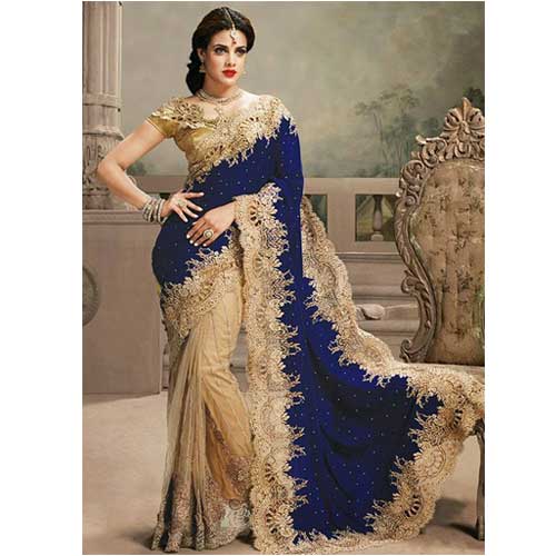 Blue & Golden Velvet and Net Saree