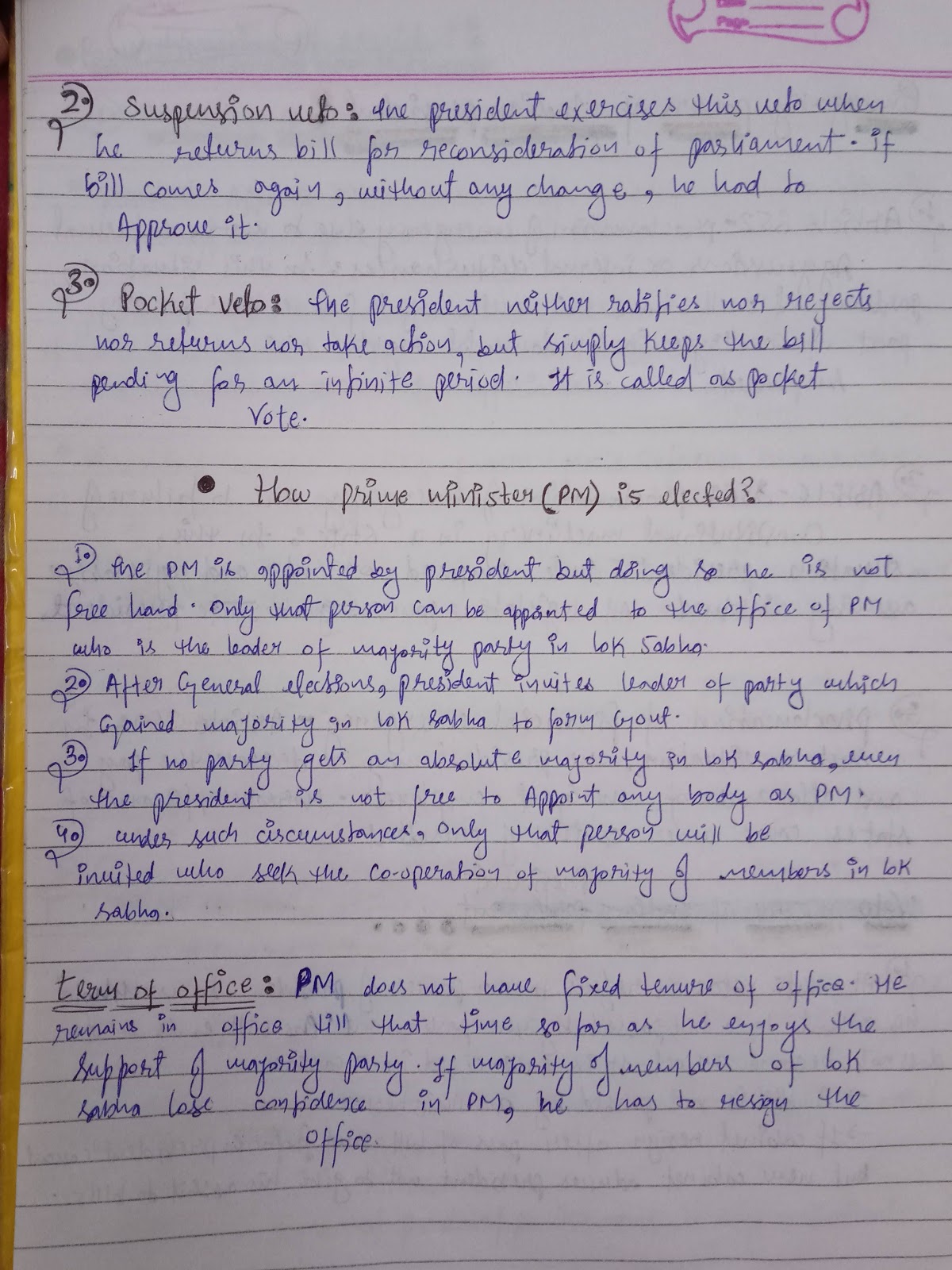 Handwritten Notes of Executive Political Science Class 11th