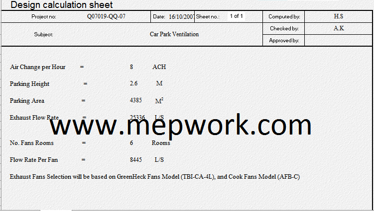 Car Park Ventilation System Design - Calculation Excel Sheet