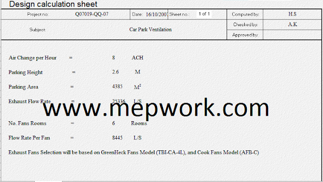Car Park Ventilation System Design - Calculation Excel Sheet