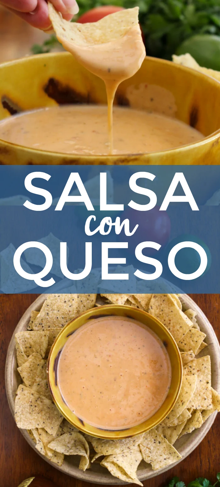 Salsa Con Queso is the perfect blend of melty white queso and spicy salsa. You won't believe how easy it is to make this irresistible three-ingredient cheese dip! #queso #cheesedip #appetizer