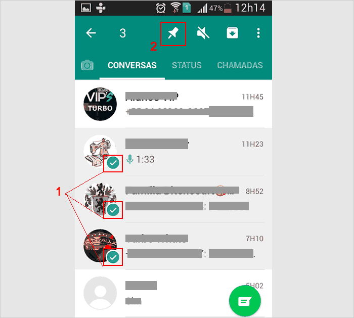 Selecionando conversas no WhatsApp para fixá-las no topo