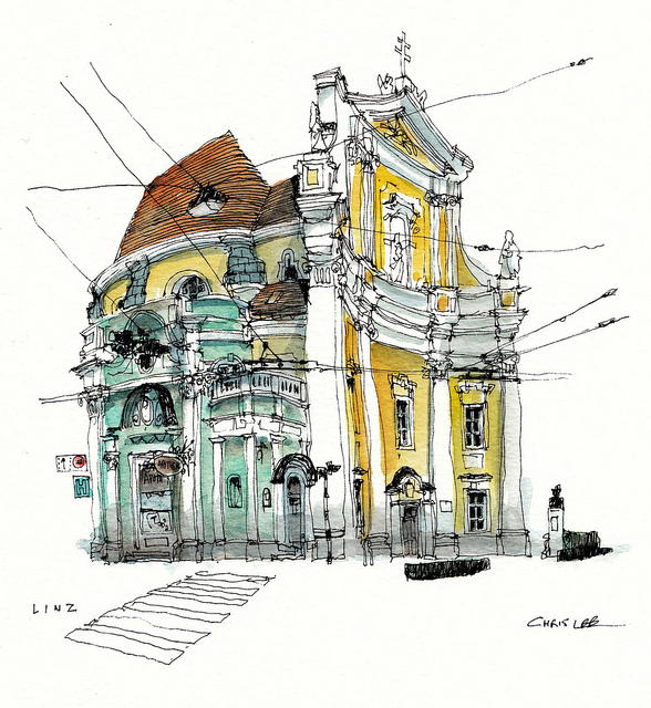 20-Austria-Linz-Chris-Lee-Charming-Architectural-wobbly-Drawings-and-Paintings-www-designstack-co