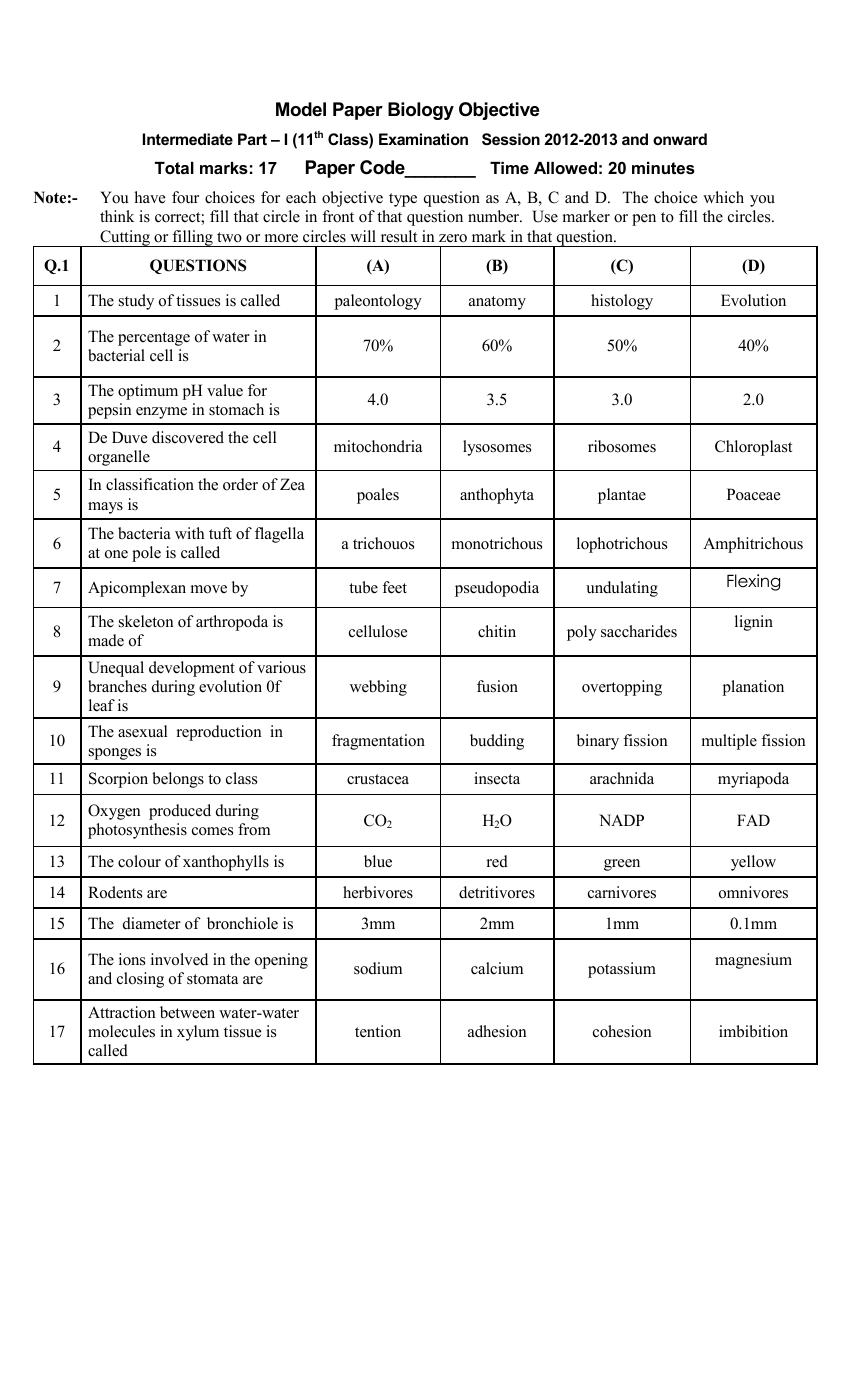 11th Class Biology Assessment Scheme/Model Paper 2016 onwards Ratta.pk