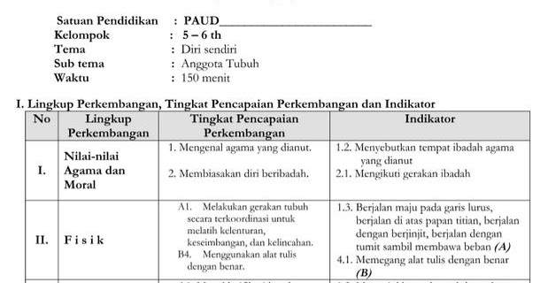RKH PAUD 56 Tahun Tema Diri Sendiri Kurikulum 2013