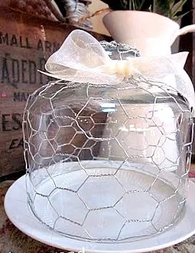 Glass cloche wrapped with chicken wire on plate