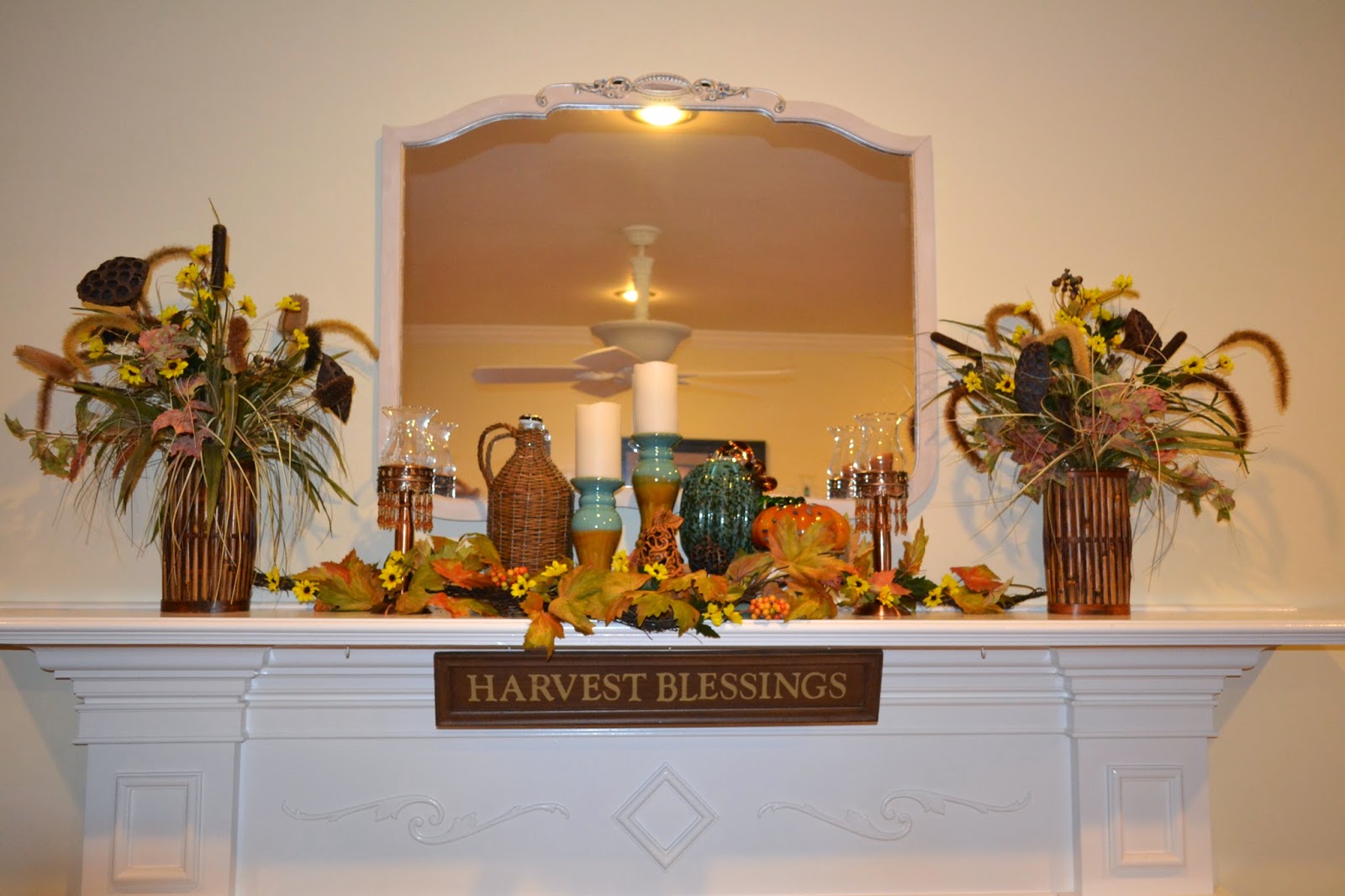 The Decorative Dreamer Brown, Teal and Yellow Fall Mantle Decor