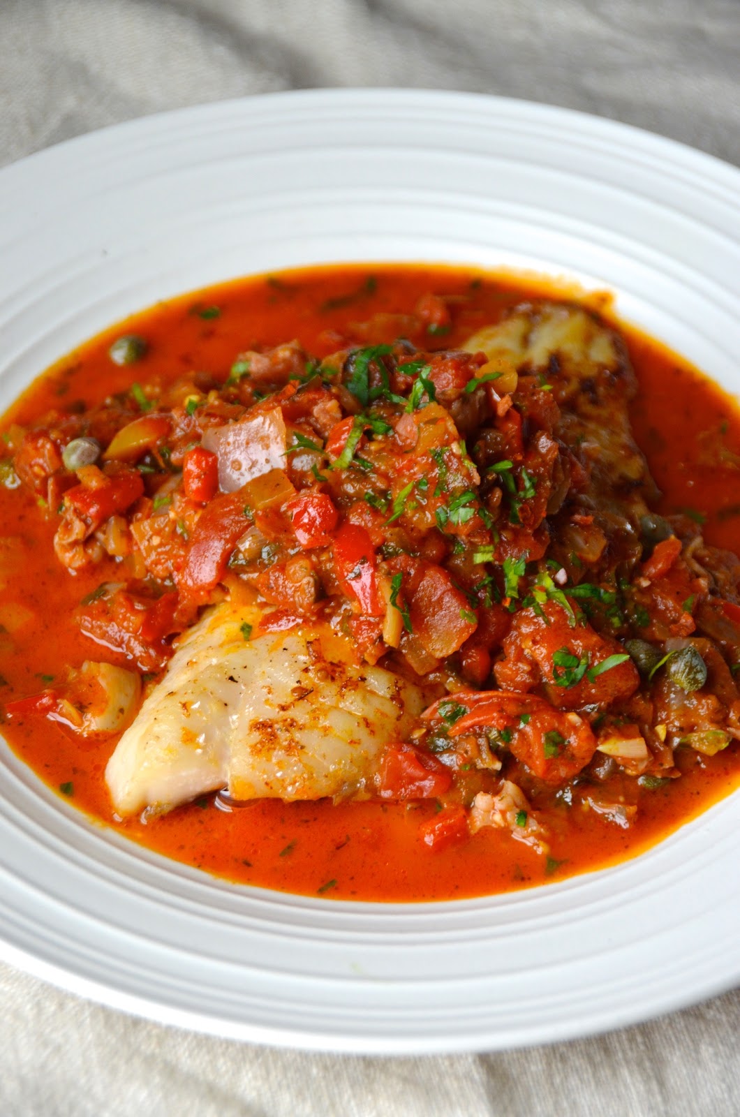 Broiled Fish with Rustic Mediterranean Tomato, Onion & Caper Sauce