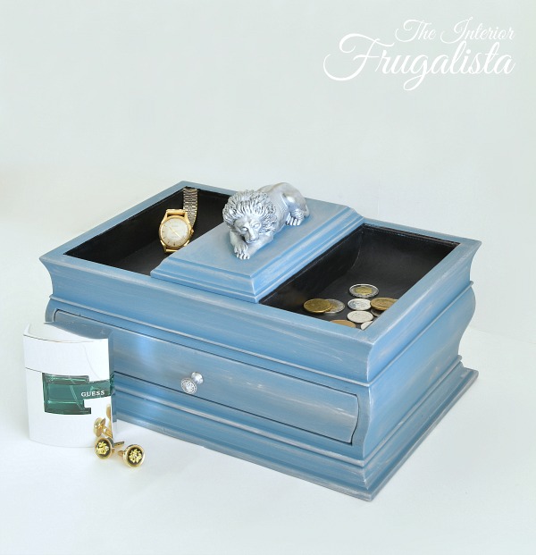 Blue chalk painted Masculine accessory storage box with silver gilding wax