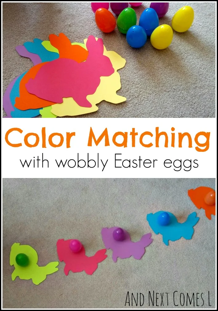 Easter color matching activity for kids using wobbly Easter eggs from And Next Comes L