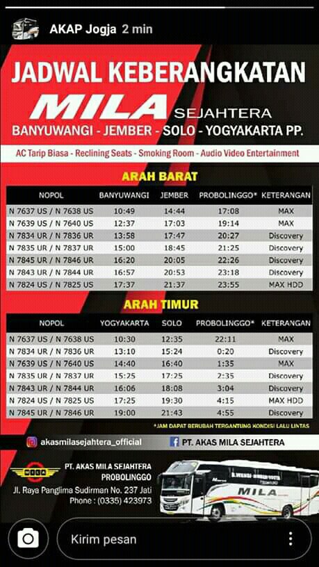 Jadwal Keberangkatan Bus Mila Sejahtera Jogja Banyuwangi Terbaru Jejak Bus