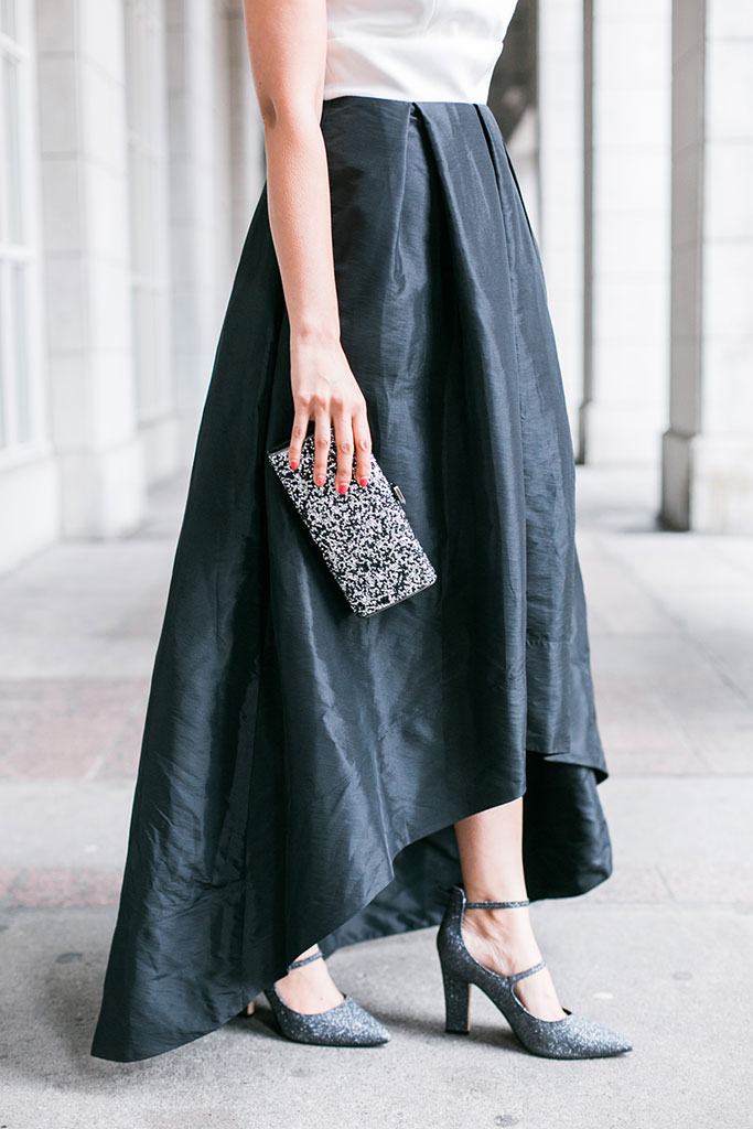 Blogger Outfit Sangria Black and White High Low Party Dress Marc Fisher Silver Glitter heels IMO glitter clutch bag