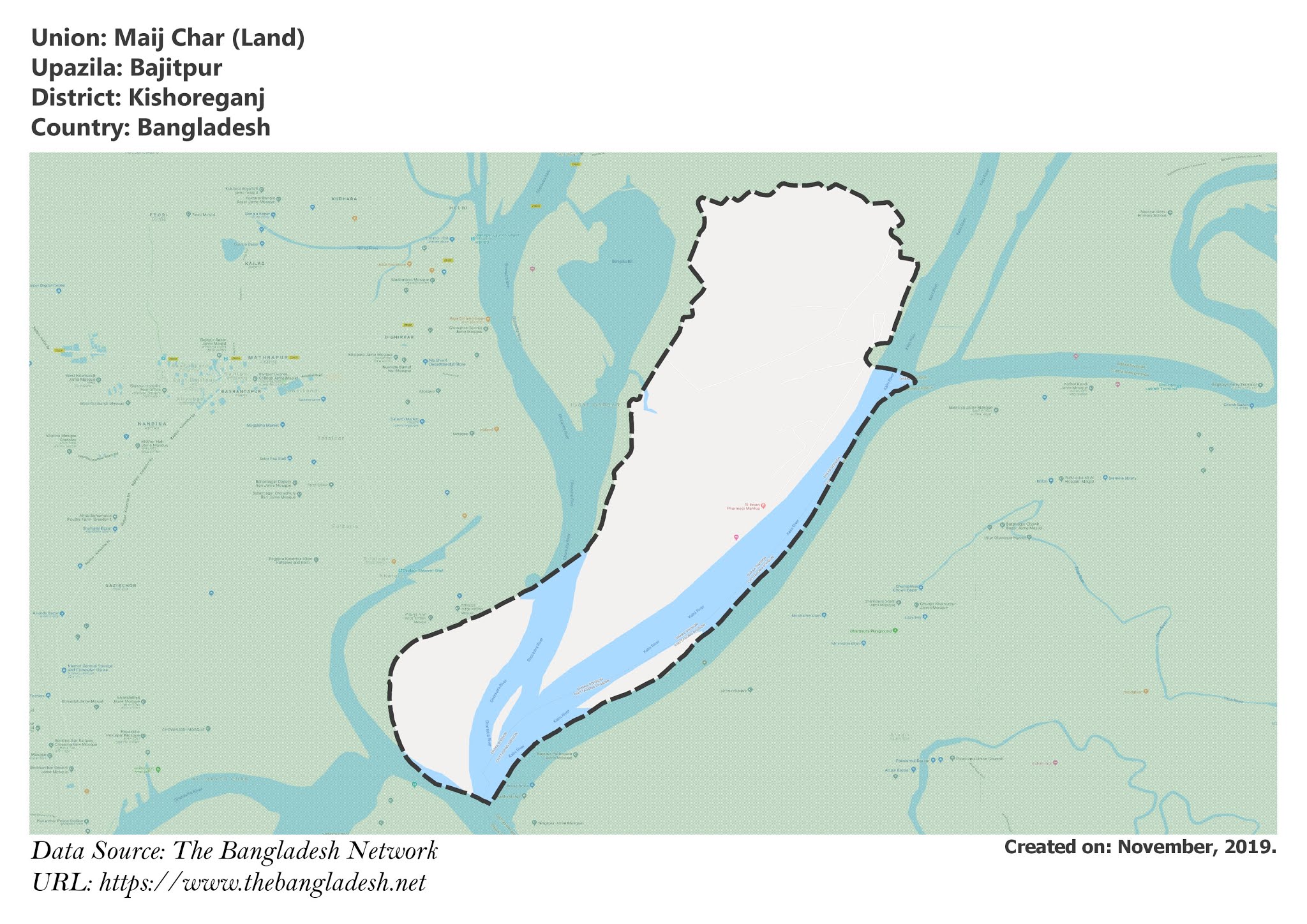 Map of Maij Char of Bajitpur Upazila Map of Maij Char of Kishoreganj, Bangladesh.