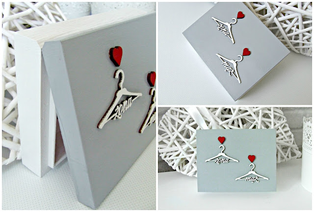 pudełko skrzyneczka na obrączki w szarym i białym kolorze z motywem wieszaczków. Ślubne pudełeczko wedding box by Eco Manufaktura. 