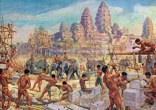 La construction d'Angkor Wat, les ouvriers utilisent les éléphants pour déplacer les blocs de pierres La construction d'Angkor Wat, les ouvriers utilisent les éléphants pour déplacer les blocs de pierres