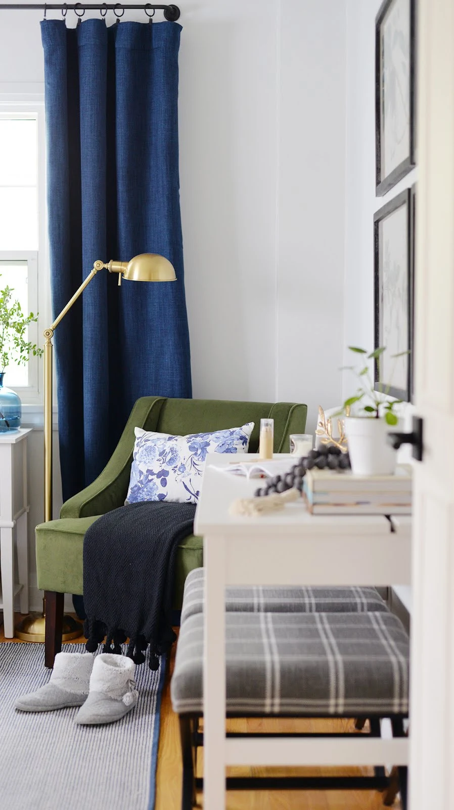 hudson valley lighting girard floor lamp, navy blue curtains, ikea hemnes desk, homepop swoop arm velvet chair, velvet green chair