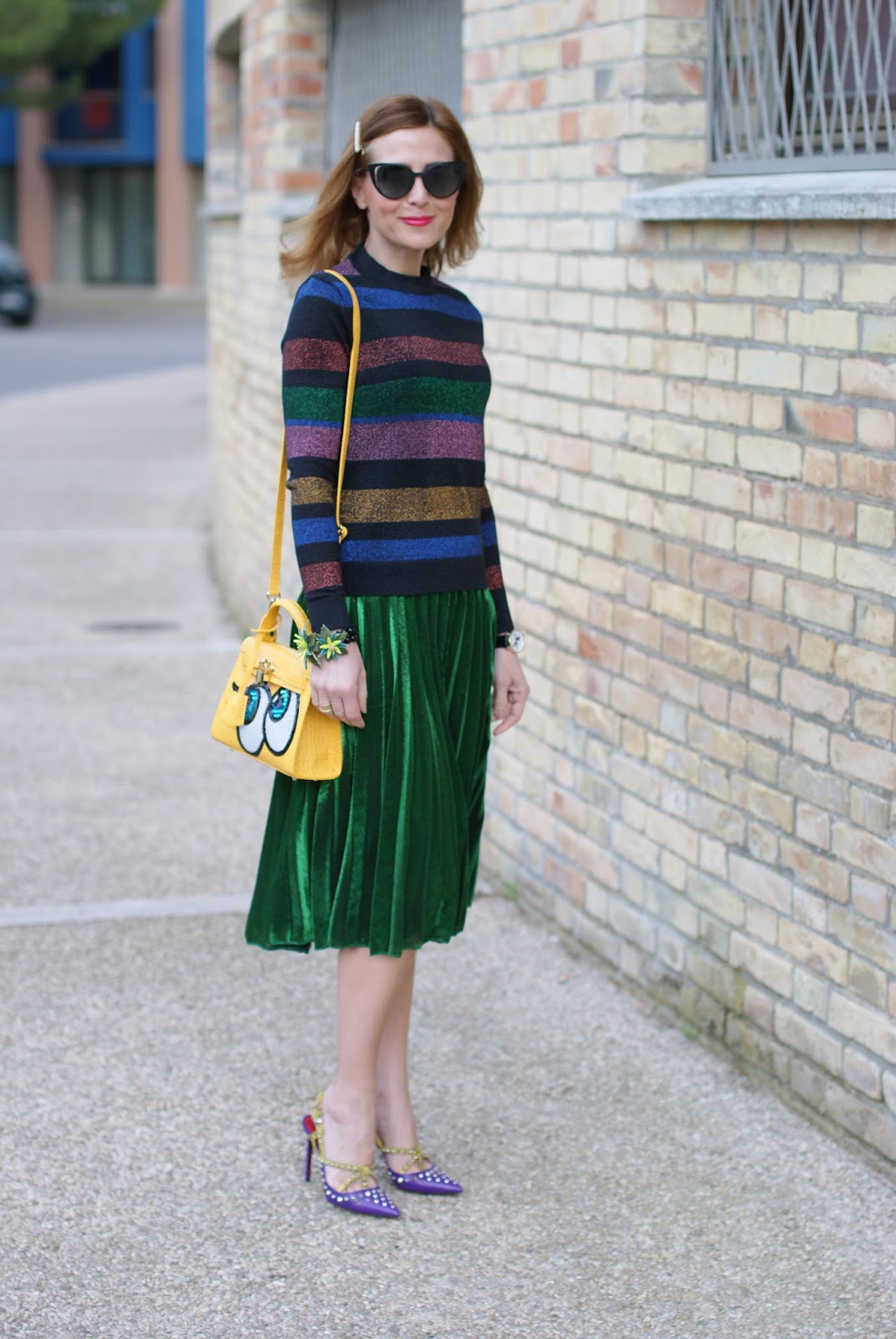metallic pleated skirt on Fashion and Cookies fashion blog, fashion blogger style
