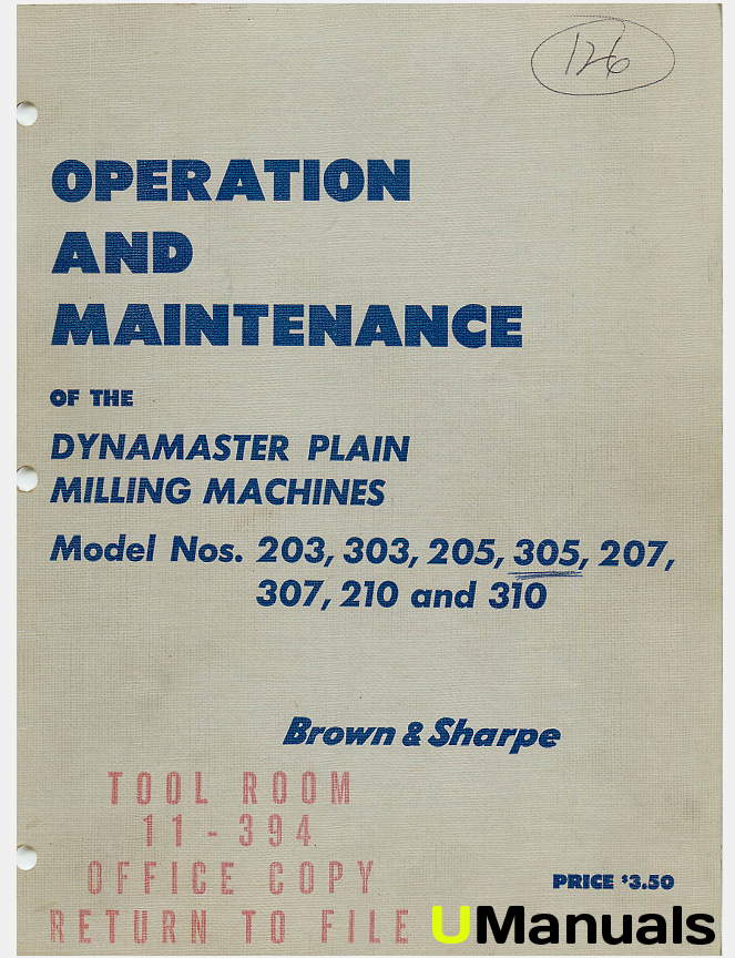 Machinery Manuals Brown & Sharpe Dynamaster Plain Mill Instruction