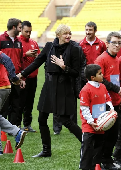 Princess Charlene attended the Sainte Devote rugby tournament match at the Louis II Stadium in Monaco