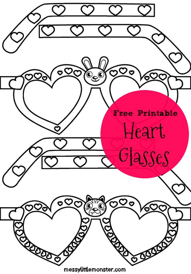 Free printable heart shaped glasses. A quick and easy Valentines day craft for kids. Simply colour and cut out the glasses and add a little glue.  Fun for preschooler and older children.