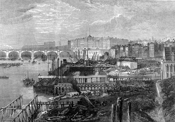 "Embankment Construction of the Thames Embankment ILN 1865" by The Illustrated London News - Original: "The Thames Embankment". The Illustrated London News [London, England] 4 February 1865; p. 112; Issue 1300This copy: http://www.iln.org.uk/iln_years/year/1865.htm. Licensed under Public Domain via Wikimedia Commons - http://commons.wikimedia.org/wiki/File:Embankment_Construction_of_the_Thames_Embankment_ILN_1865.jpg#/media/File:Embankment_Construction_of_the_Thames_Embankment_ILN_1865.jpg