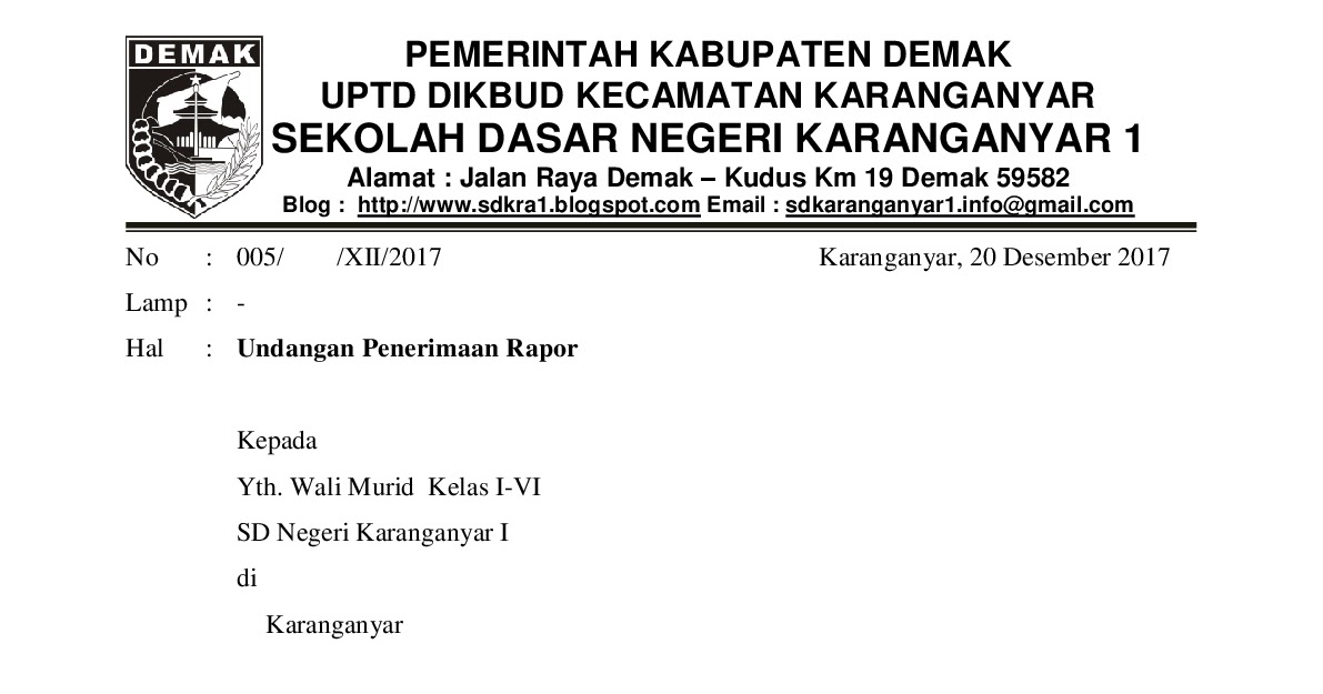 Download Contoh Surat Undangan Penerimaan Rapor ~ SIDAPODIKDAS