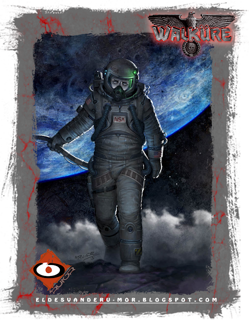 ilustración de personaje (Astronauta NSA) hecha por ªRU-MOR, para el juego de rol ucrónico WALKÜRE, sci-fi