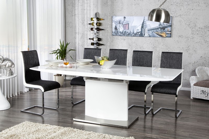 Roztahovaci jedalensky stôl Kalich, moderny stôl do jedalne v bielej lesklej farbe