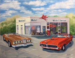 Where's the Key, K Schifano, 1969 Cougar Eliminator, 1973 Cougar convertible Mobil gas station, classic car painting
