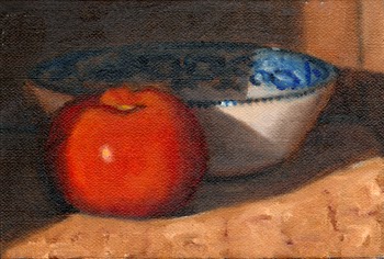 Oil painting of a red tomato in front of a blue porcelain bowl.