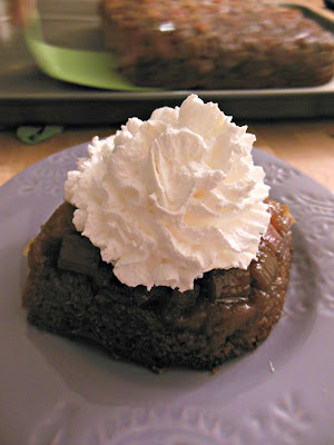 Strawberry Rhubarb Upside Down Cake, served with whipped cream!