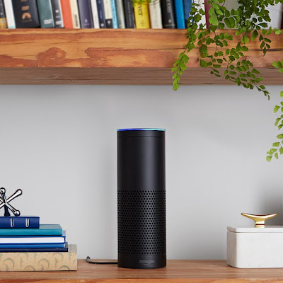 photo of amazon echo in a bookshelf