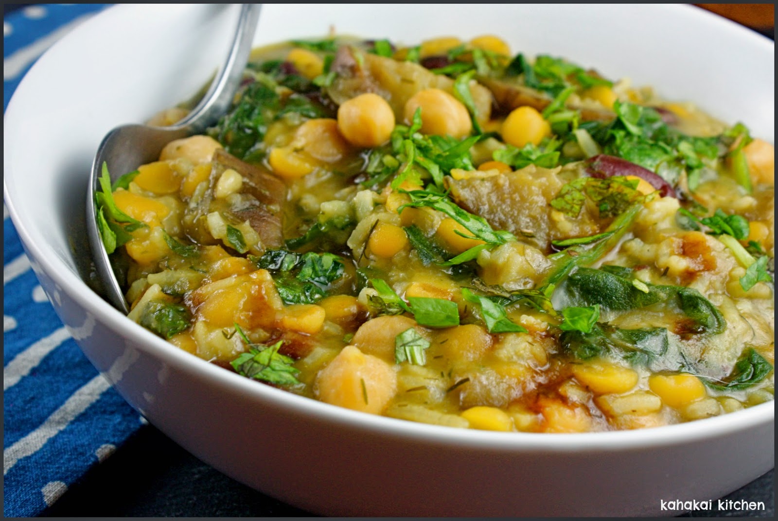 Kahakai Kitchen PersianInspired Chickpea & Herb Soup with Eggplant for Cook The Books April