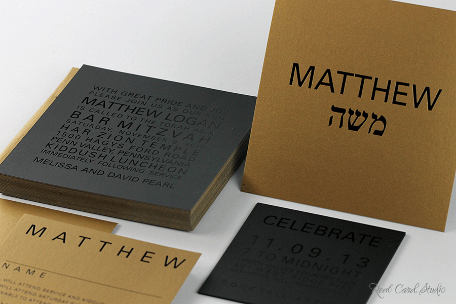 Bar Mitzvah invitation duplexed in black and antique gold by Real Card Studio invitation suite in black and antique gold