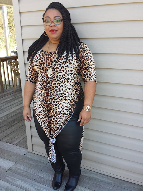 Plus size leopard-print maxi tee with faux leather leggings and black booties