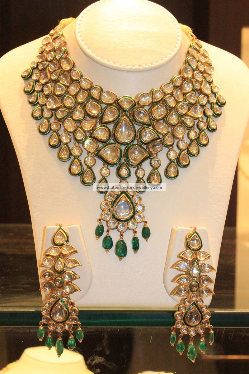 Heavy Kundan Polki Bridal Necklace set with Emeralds and Green Enamel paint