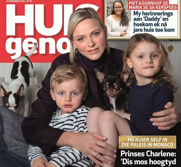 Princess Charlene, Prince Jacques and Princess Gabriella on the cover of December issue of Huisgenoot. Ponchi poncho South Africa brand