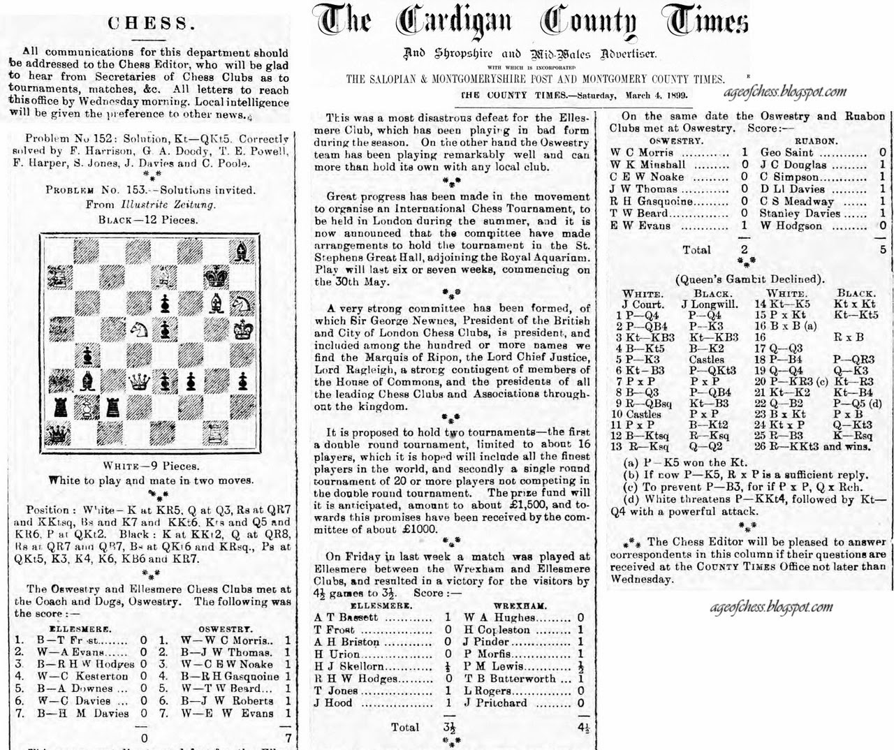 Age of Chess J. Court vs J. Longwill 1899 Chess Game The Montgomery