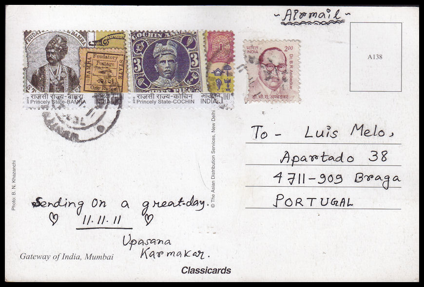 Sent & Received INDIA Postcard from Mumbai, India to Braga, Portugal