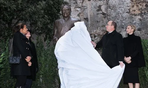 Prince Albert, Princess Charlene, Princess Caroline and Princess Stephanie unveiled a new sculpture of Prince Rainier