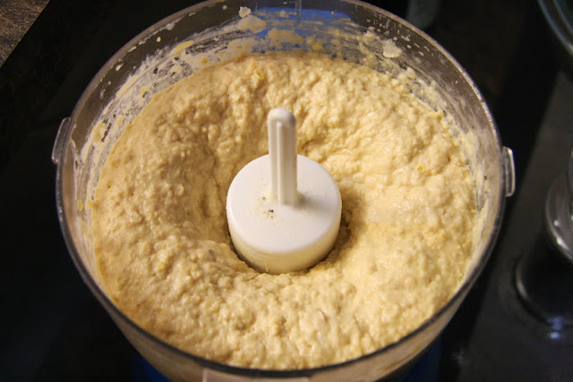 Home made hummus (humus) dip processed in food processor. 