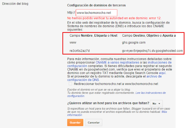 Configurar de CNAME blogger