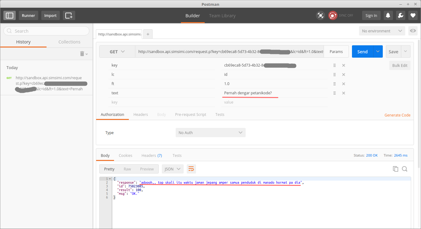 Percobaan pengiriman request melalui postman