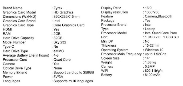 Spesifikasi Notebook Zyrex Sky 232 
