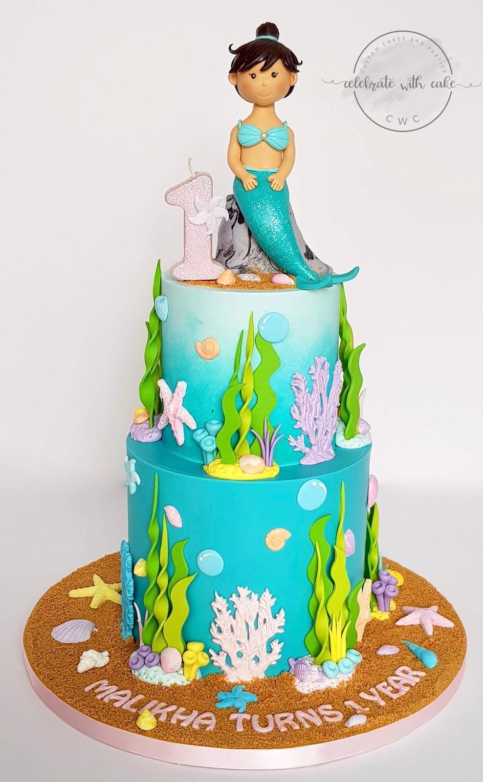 Mermaid themed two tiered 1st Birthday Cake