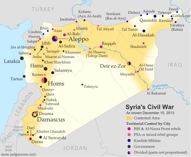 Map of fighting and territorial control in Syria's Civil War (Free Syrian Army rebels, Kurdish groups, Al-Nusra Front, ISIS/ISIL and others), updated for December 2013. Includes recent locations of conflict and territorial control changes, Al-Safira, Khanaser, Maaloula, Qara, Nabek, and .