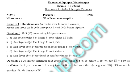 Examens Corrig U00e9s Optique G U00e9om U00e9trique S2 Fsj