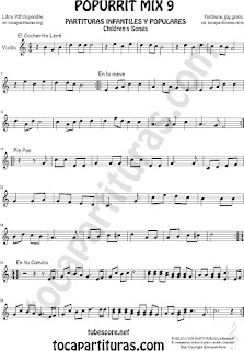 Mix 9 Partitura de Violín El Cocherito Leré Infantil, En la Nieve, Pin Pon, En tu camino Popurrí Mix 9 Sheet Music for Violin Music Scores Music Score