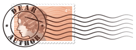 Image description: the Dear Author logo. It's a postage stamp with the illustration of a woman's profile and a round seal on top that reads Dear Author. 